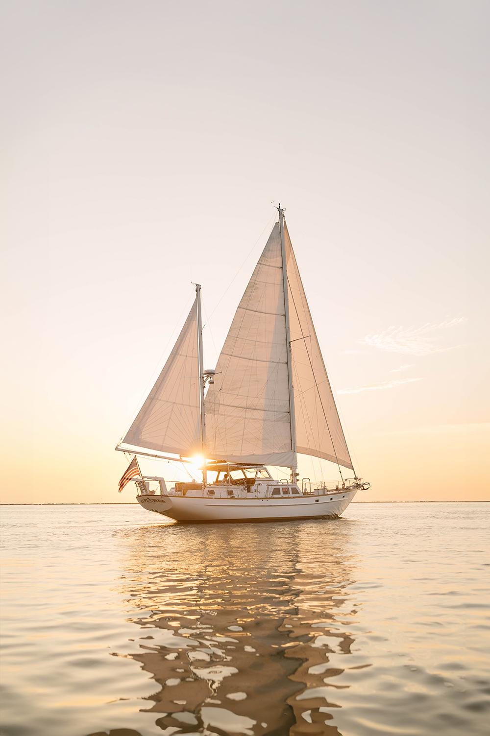 Sailboat Wall Art Print – Coastal Nautical Decor with American Flag at Sunset, Cape Cod Sailing Photography, Beach House Wall Art