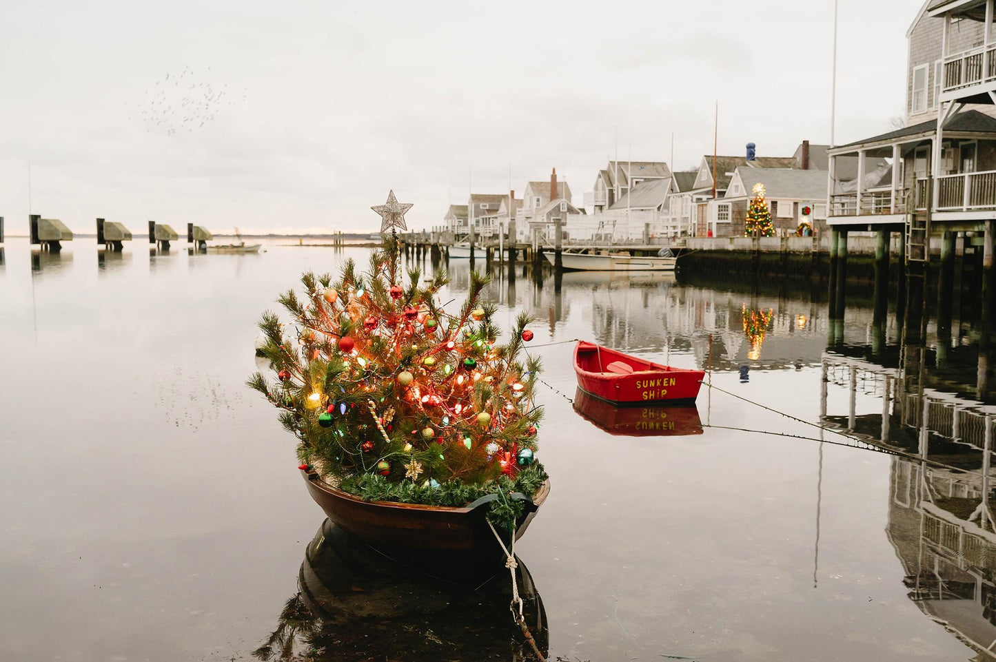 Nantucket Christmas Tree Boat Print, Coastal Holiday Wall Art, New England Winter Decor, Festive Harbor Photography, Fine Art Coastal Print