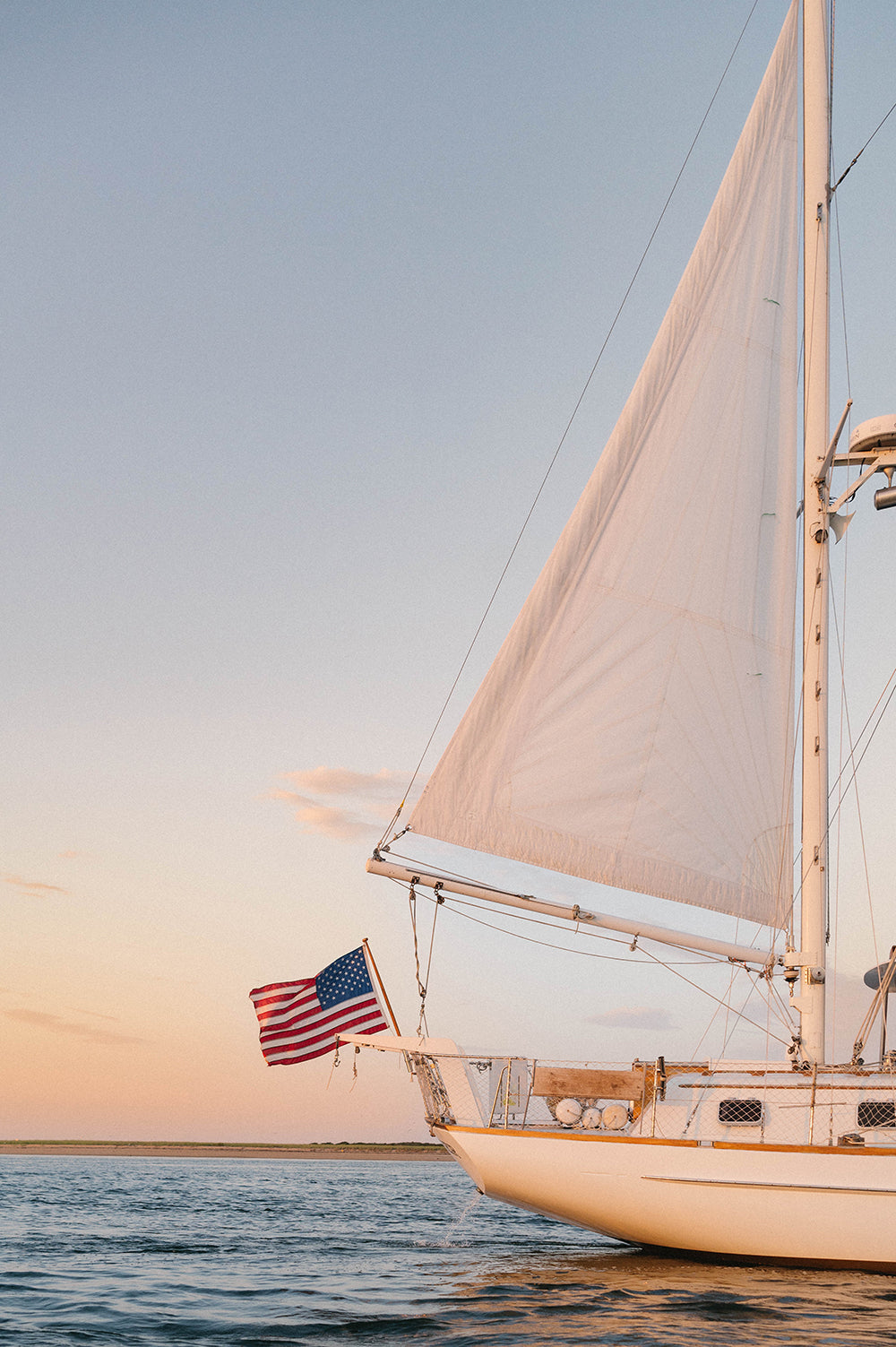 Nantucket Sailboat Print, Golden Hour Coastal Photography, Nautical Wall Art with American Flag, Chelsea Victoria Fine Art