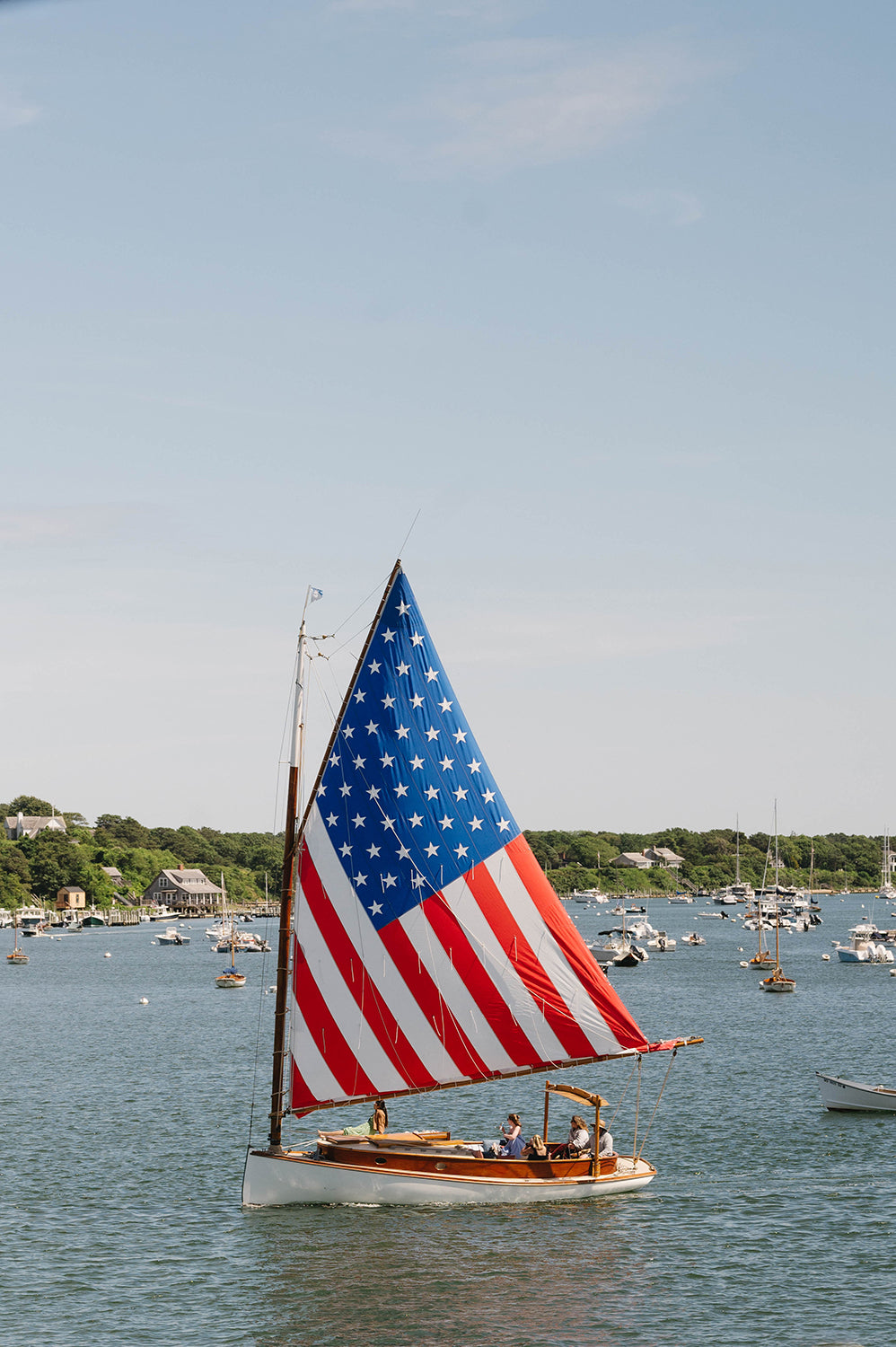 Patriotic Sailboat in Martha’s Vineyard Harbor, Coastal Americana Nautical Wall Art