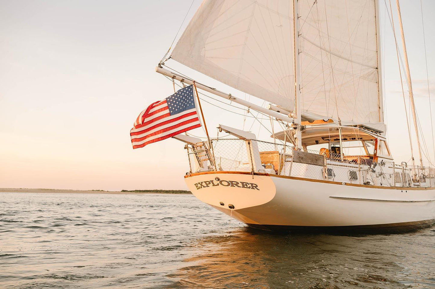 Sailboat Wall Art Print – Coastal Nautical Decor with American Flag at Sunset, Cape Cod Sailing Photography, Beach House Wall Art