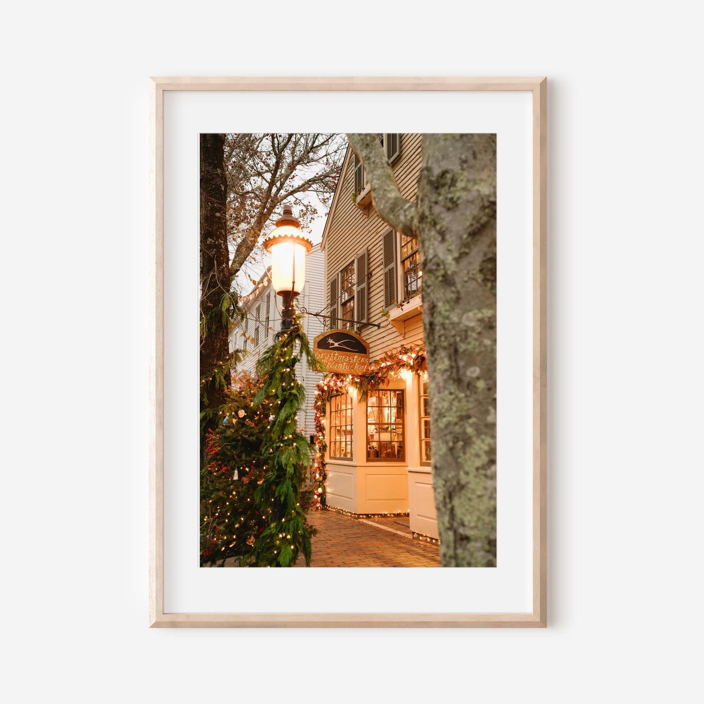 Nantucket Christmas Storefront Print, Coastal Holiday Wall Art, New England Winter Decor, Festive Downtown Street Photo
