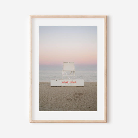 Nantucket Lifeguard Chair Print, Coastal Fine Art, Pink Sunset Beach Photography