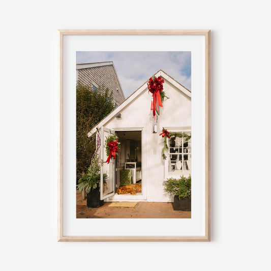 Nantucket Christmas Shop Print, Coastal Holiday Wall Art, New England Cottage Decor, Festive Storefront with Dog, Fine Art Photography