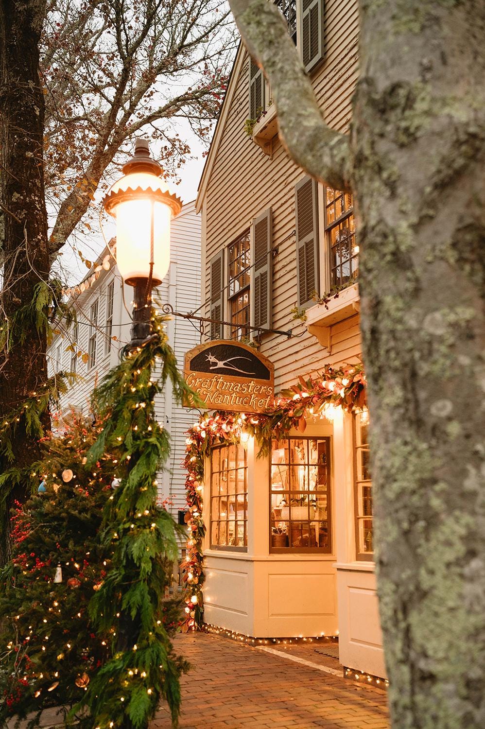 Nantucket Christmas Storefront Print, Coastal Holiday Wall Art, New England Winter Decor, Festive Downtown Street Photo