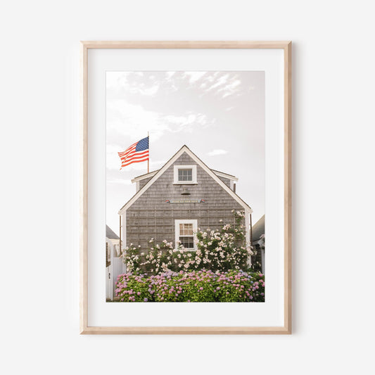 Nantucket Cottage Print, Shingle-Style House with Roses, Coastal New England Wall Art, American Flag Summer Decor, Old North Warf Print