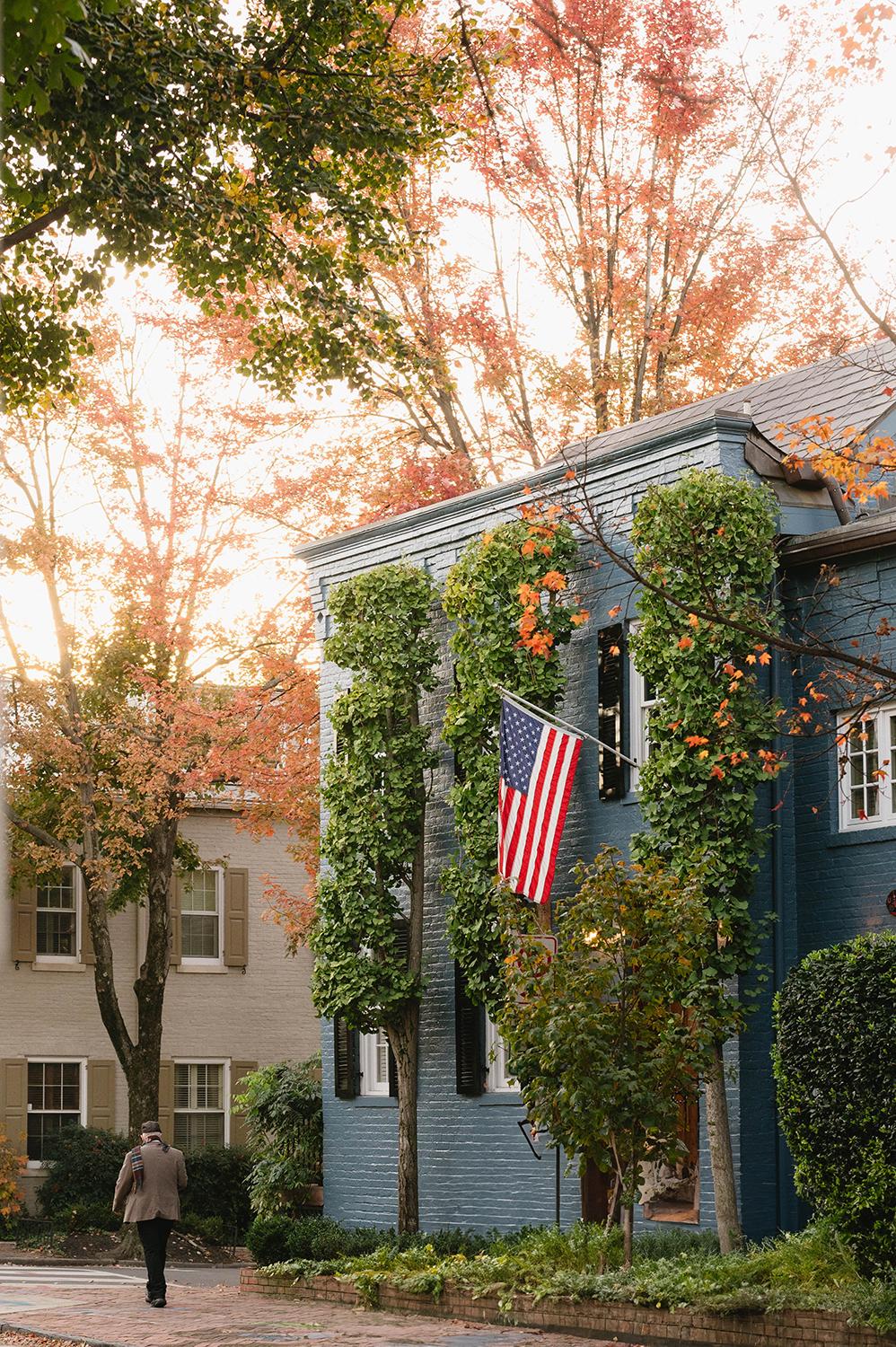 Georgetown Fall Townhouse Print, Washington DC Autumn Photography, American Flag Wall Art, Historic Brick Home Decor, East Coas Art Print