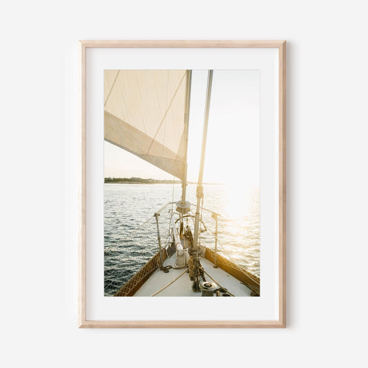 Sailboat Bow Print, Coastal Nautical Wall Art, Golden Hour Sailing Photography, Nantucket Ocean Sunset Photo, Neutral Beach House Decoe