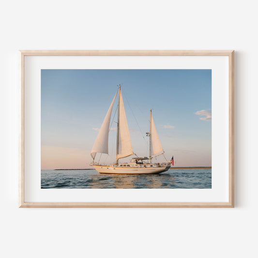 Golden Hour Sailboat Print, Nantucket Coastal Wall Art, Nautical Ocean Photography