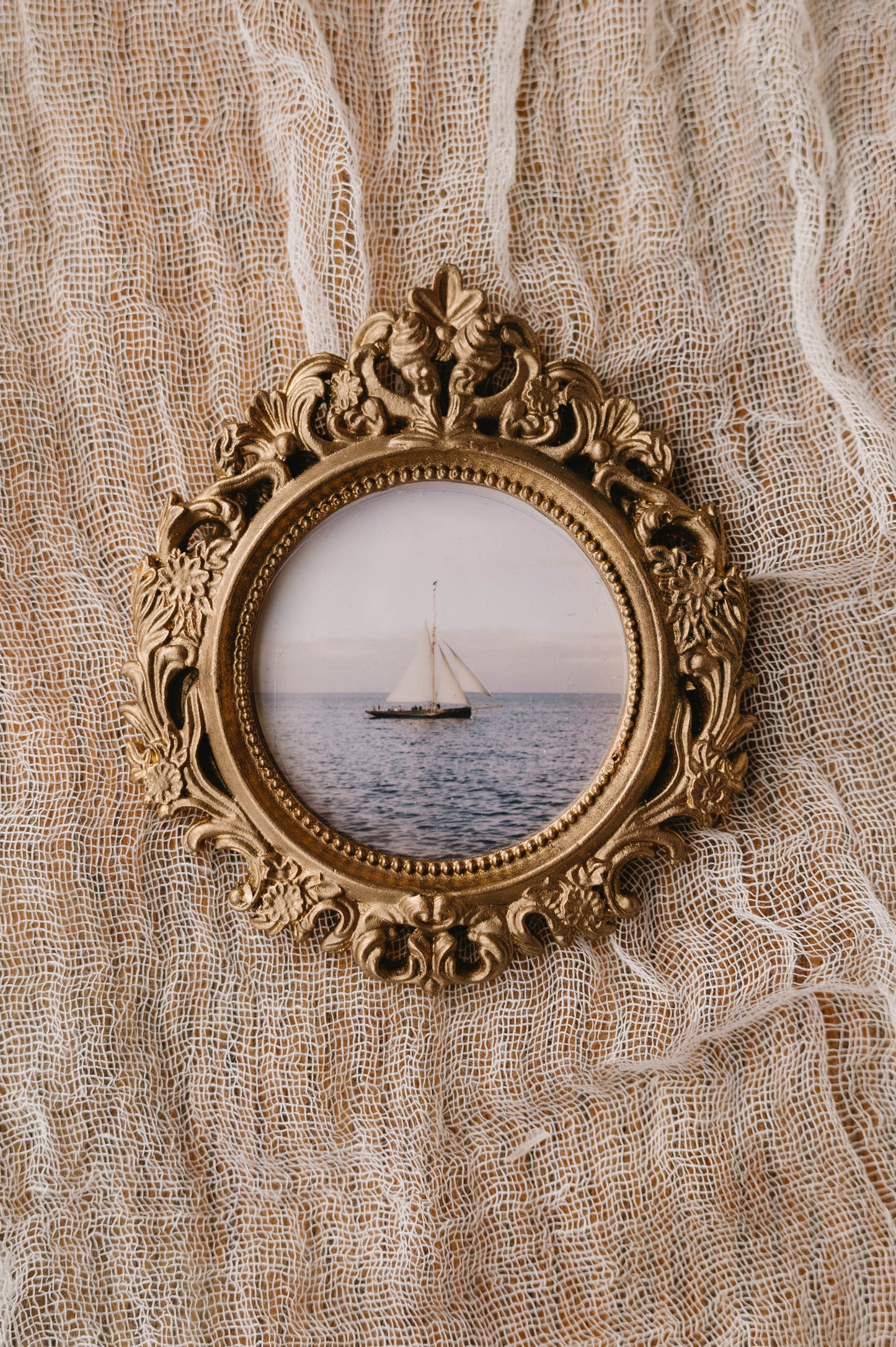 Nantucket Sailboat Mini Coastal Art, Hand Painted Vintage Round Frame, New England Photography