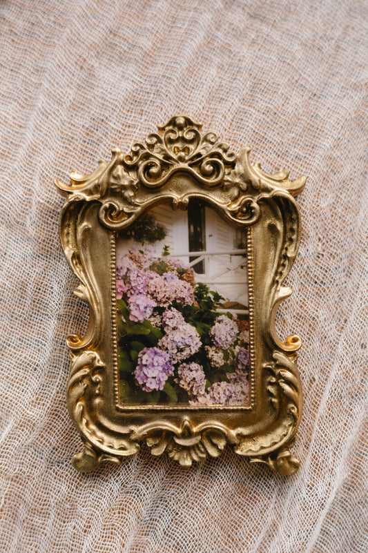 Framed Hydrangeas – Vintage Gold Frame Print, Nantucket Floral Photography, Romantic Cottage Wall Art