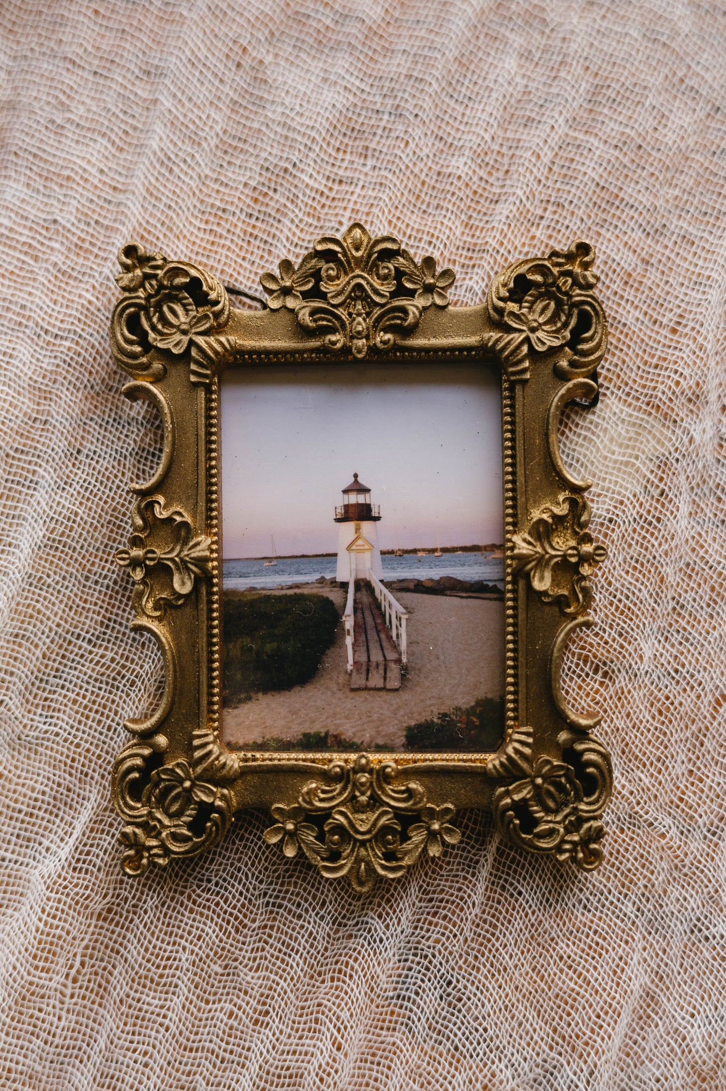 Brant Point Lighthouse Mini Coastal Art, Hand Painted Vintage Frame, Nantucket Photography
