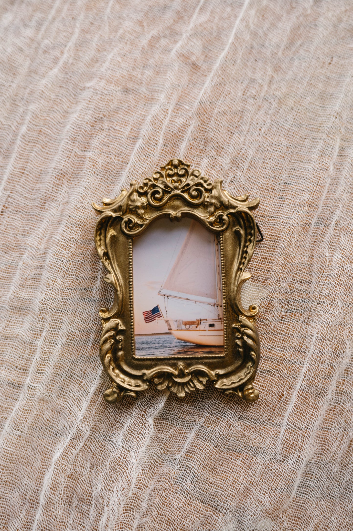 American Flag Sailboat Mini Coastal Art, Hand Painted Vintage Oval Frame, Nantucket Photography