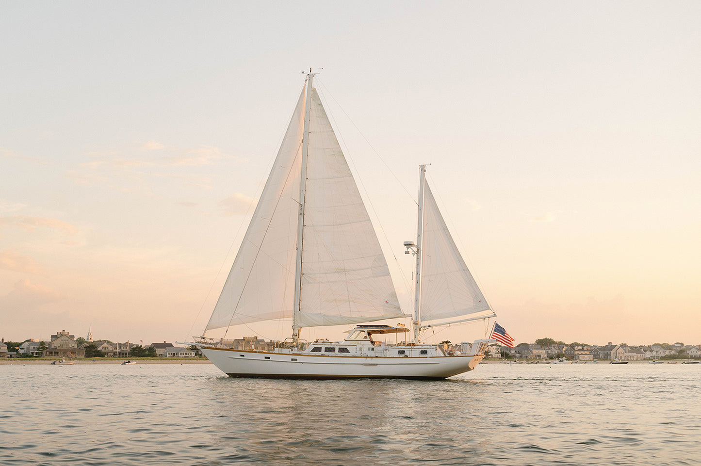 Sailboat Wall Art Print – Coastal Nautical Decor with American Flag at Sunset, Cape Cod Sailing Photography, Beach House Wall Art