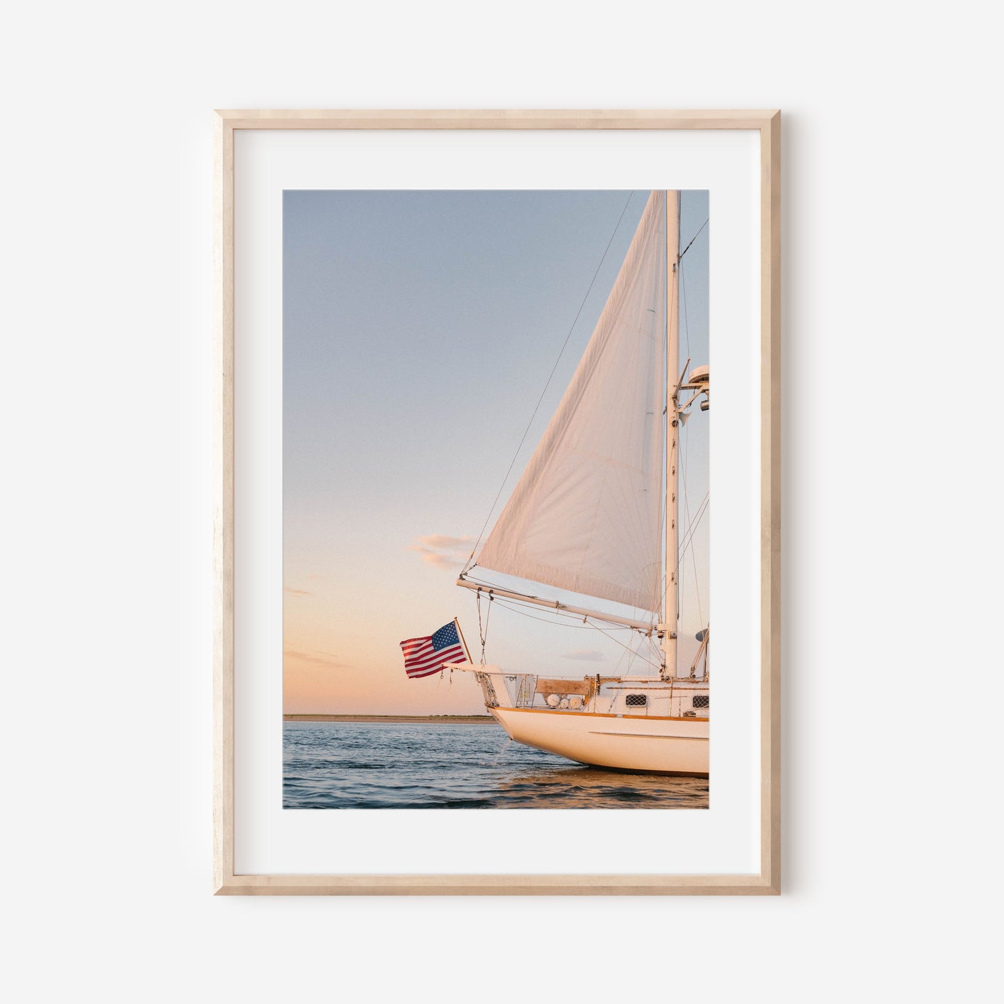 Nantucket Sailboat Print, Golden Hour Coastal Photography, Nautical Wall Art with American Flag, Chelsea Victoria Fine Art