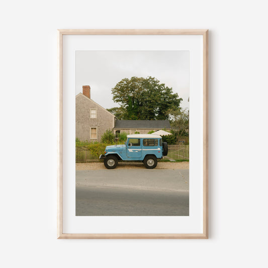 Blue Jeep Nantucket Print – Coastal Wall Art, Vintage Car Photography, New England Beach House Decor, Neutral Coastal Home Style