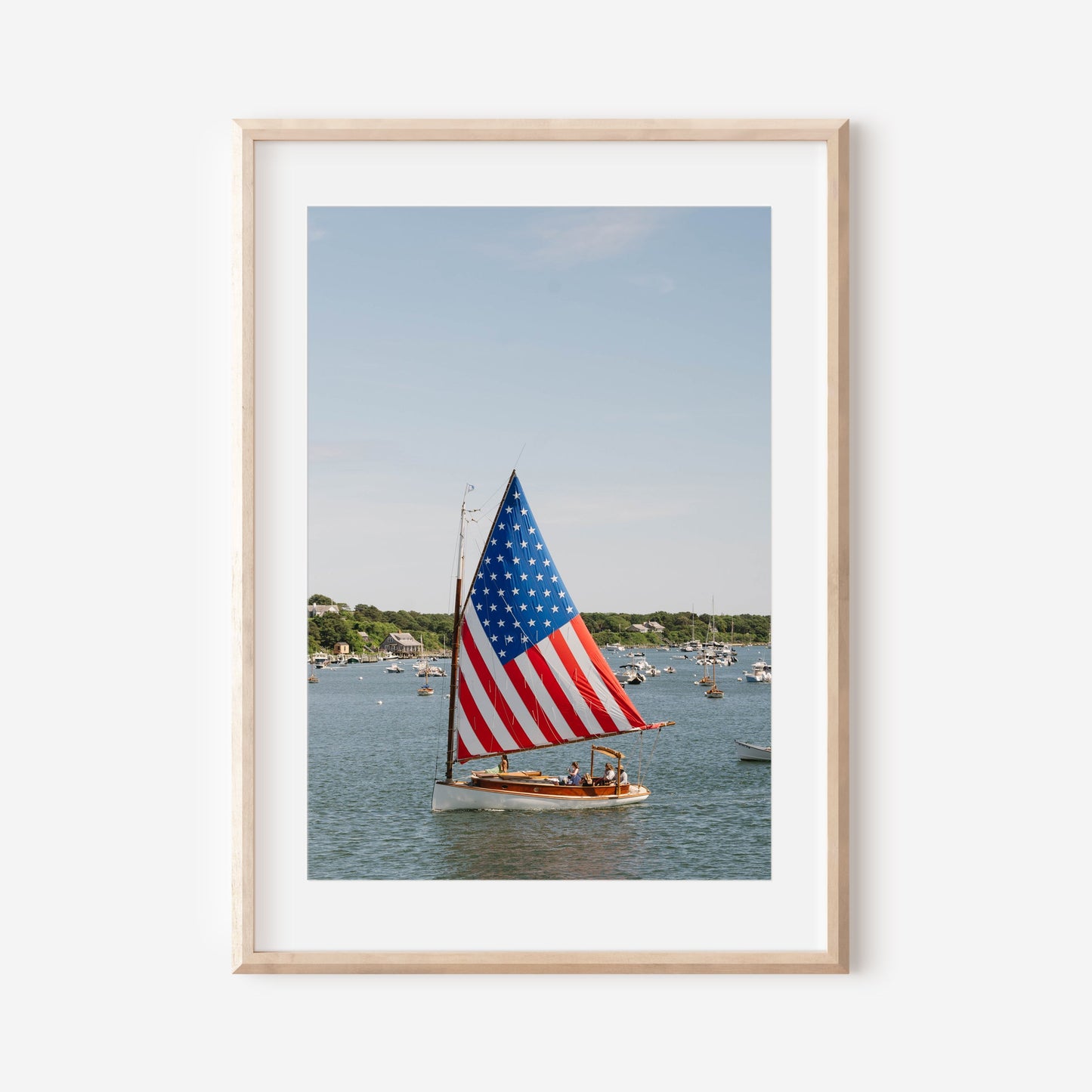 Patriotic Sailboat in Martha’s Vineyard Harbor, Coastal Americana Nautical Wall Art
