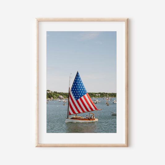Patriotic Sailboat in Martha’s Vineyard Harbor, Coastal Americana Nautical Wall Art