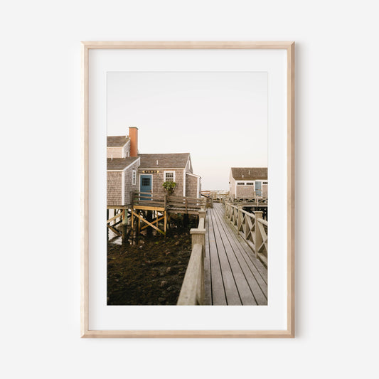 Nantucket Wharf Print Coastal Wall Art – Shingle Cottage & Harbor Boardwalk – New England Nautical Home Decor Photography