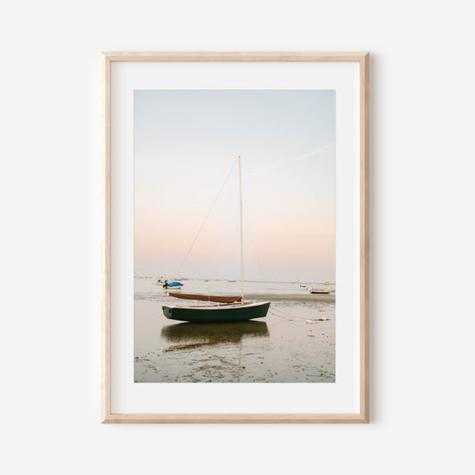 Sailboat at Low Tide Wall Art – Coastal Nautical Print, Cape Cod Beach Decor, New England Photography