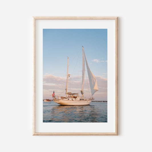 Nantucket Sailboat at Sunset, Coastal Nautical Print, New England Ocean Wall Art