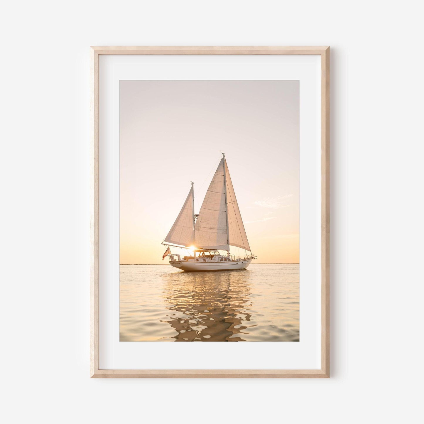 Sailboat Wall Art Print – Coastal Nautical Decor with American Flag at Sunset, Cape Cod Sailing Photography, Beach House Wall Art