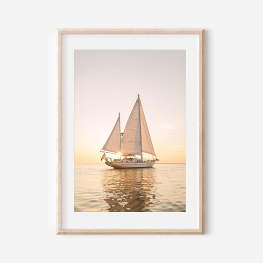Sailboat Wall Art Print – Coastal Nautical Decor with American Flag at Sunset, Cape Cod Sailing Photography, Beach House Wall Art