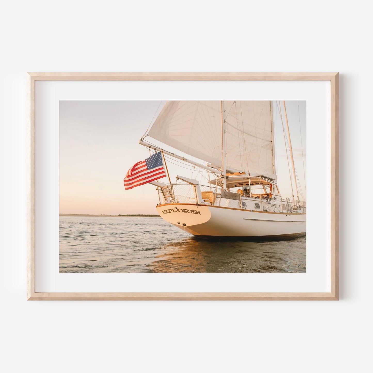 Sailboat Wall Art Print – Coastal Nautical Decor with American Flag at Sunset, Cape Cod Sailing Photography, Beach House Wall Art