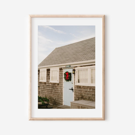Nantucket Christmas Door Print, Coastal Holiday Wall Art, Shingle Cottage Decor, Red Wreath Photo, New England Winter Fine Art Photography