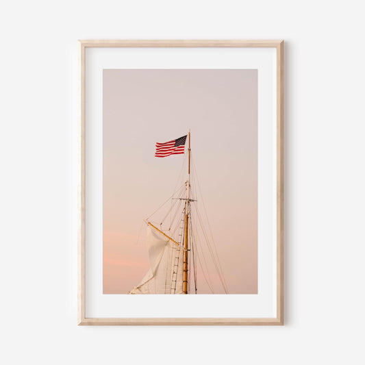 American Flag Sailboat Print – Nantucket Coastal Wall Art, Nautical Photography, Patriotic Ocean Decor, Summer Seascape Photo