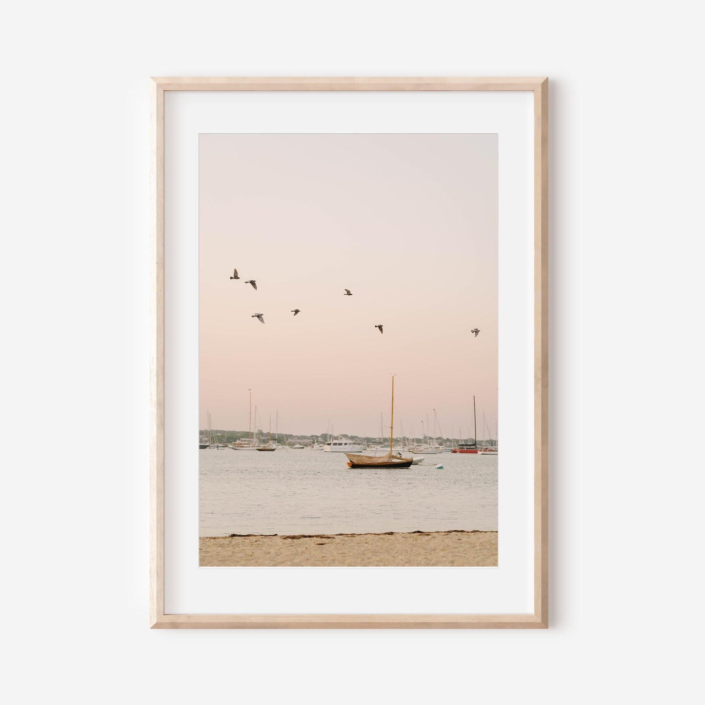 Seaside Sunrise Print, Coastal Wall Art, Harbor Birds Over Sailboats, Nantucket Photography