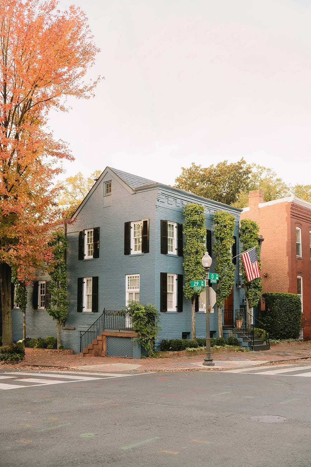 Blue House Georgetown Print, Washington DC Art,Autumn Wall Art,Travel Photography, Cozy Home Print, Classic Architecture, East Coast Decor,