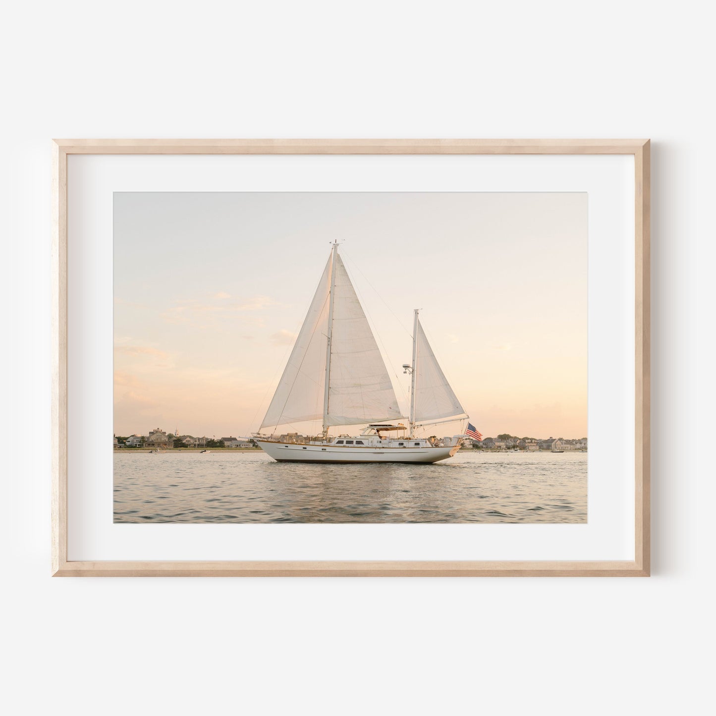 Sailboat Wall Art Print – Coastal Nautical Decor with American Flag at Sunset, Cape Cod Sailing Photography, Beach House Wall Art