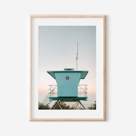 Turquoise Lifeguard Tower Print, Coastal Beach Photography, Pastel Ocean Wall Art, Minimal Beach Decor, California Lifeguard Stand Photo